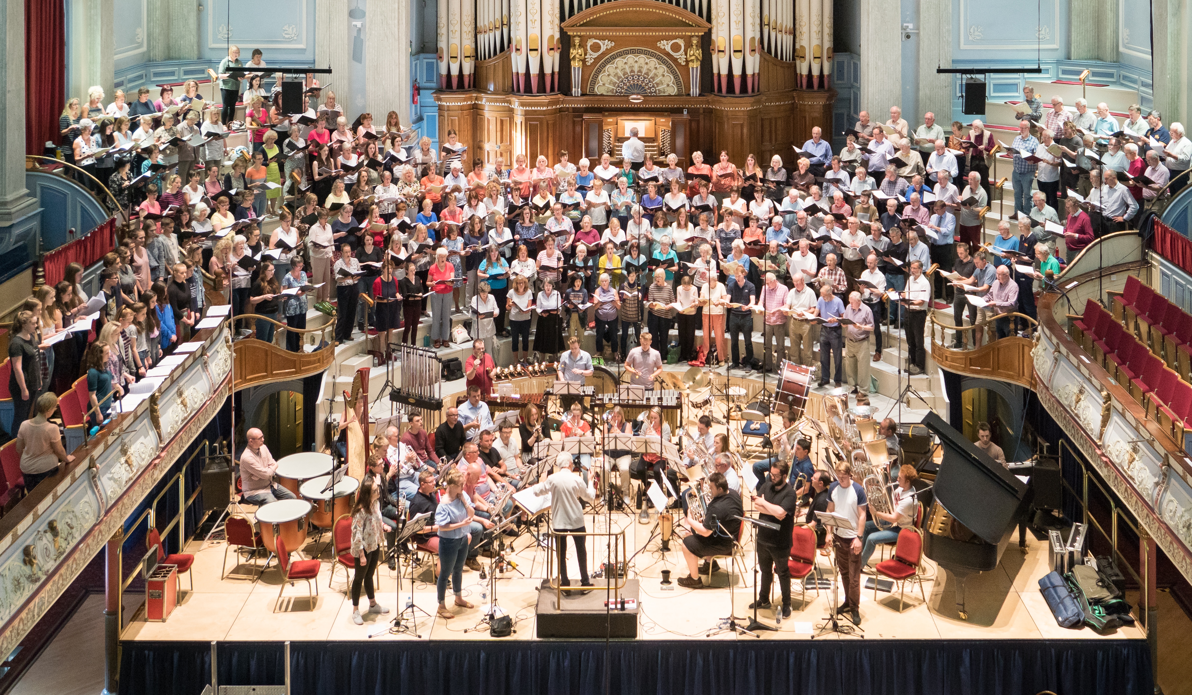 Recording the Holy Face at Huddersfield Town Hall, summer 2017  with members of Sheffield Philharmonic Chorus, Yorkshire Youth Choir (in the balcony to the left) and Black Dyke Band.  One of the unique bicentenary occasions captured by the Photographic Society